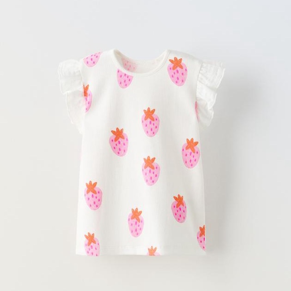 ZARA Kids | Strawberry Printed Ribbed T-Shirt for Toddler Girls
